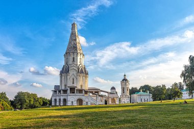 Moscow, Russia, 07.29.2021. Church of the Ascension of the Lord in Kolomenskoye against the blue sky. The church is considered to be the first stone tent church on the territory of modern Russia
