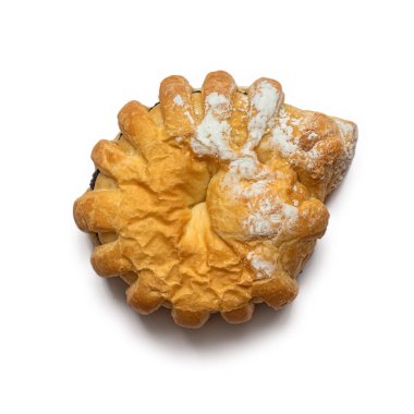 Krema hamurundan yapılmış altın hamurlu, haşhaş tohumlu ve beyaz bir zemin üzerine pudra şekeri serpiştirilmiş simit.