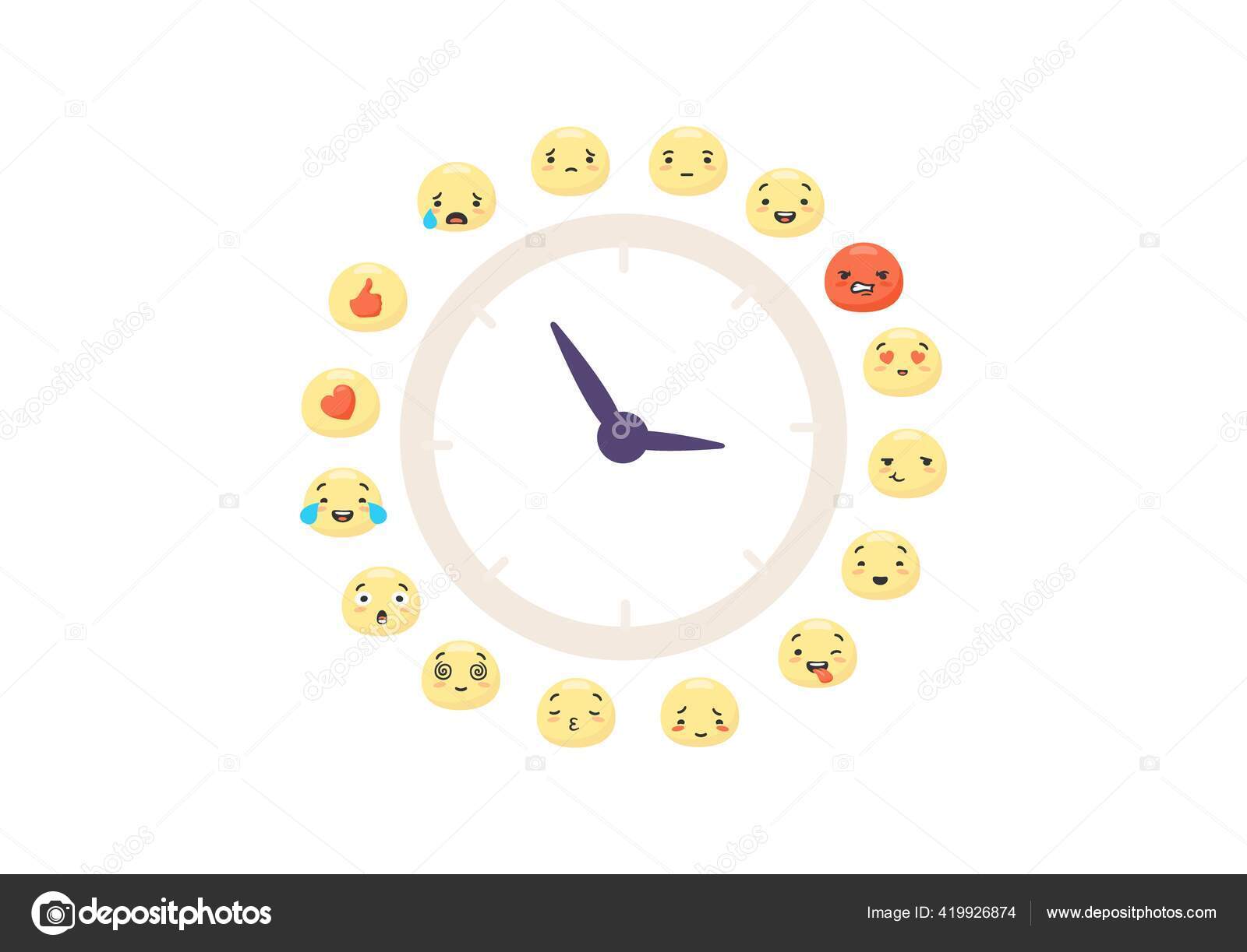 Relógio emoticons de humor. Dial com seta de caracteres vermelhos como com  expressão do coração rostos alegres e tristes. Vetor de ©pegasustudio  419926874, image size:1600x1223