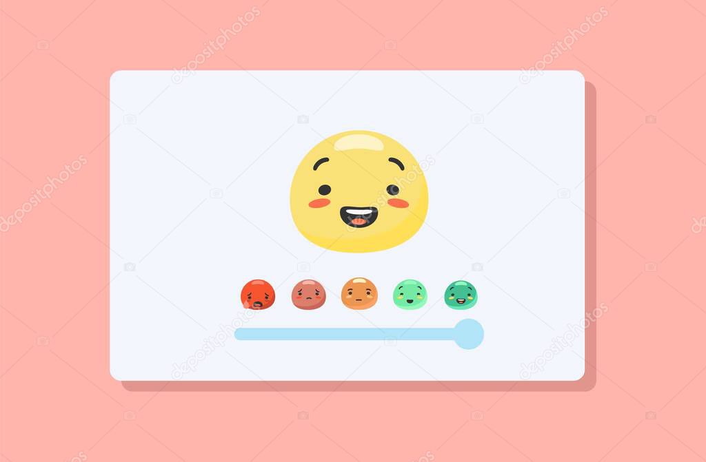 Slider for colored emotions. Emoji user feedback with emotion rating happy green smiling and upset red crying.