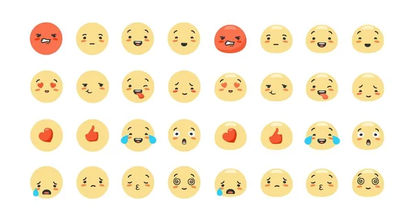 Dessin animé emoji ensemble. Émotions de personnages rouges comme avec le cœur joyeux et tristes visages expression de succès et de surprise jaune. — Image vectorielle