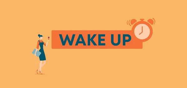 Ξύπνα πόστερ. Πρωινή άνοδος και την έναρξη νέων πραγμάτων στερώντας σας άνετο ύπνο με τη βοήθεια του ξυπνητήρι. — Διανυσματικό Αρχείο