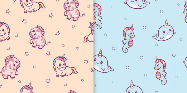 Kawaii anime animaux motif sans couture. Mignons zèbres aux taches rouges et crinière arc-en-ciel petite licorne rose drôle. — Image vectorielle