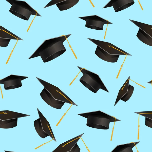 Graduate hat seamless pattern. Student black headdress with yellow tassel on blue background. — Stock Vector