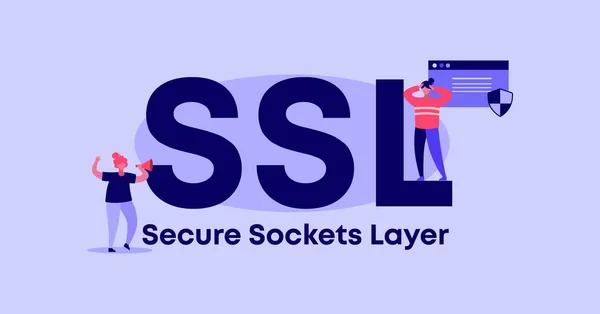 SSL camada de soquetes seguro. Segurança e proteção de sites e aplicações web privacidade digital e marketing. — Vetor de Stock