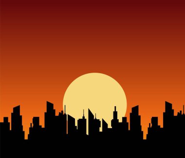 Şehrin gökdelenlerine güneş batıyor. Siluetler koyu turuncu üzerinde siyah panoramik şehir manzarası.