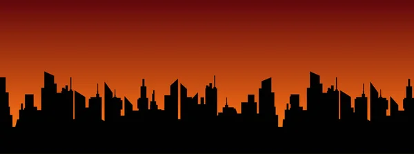 Paisaje de la ciudad contra sol poniente. Siluetas rascacielos panorámicos negros sobre naranja oscuro. — Vector de stock
