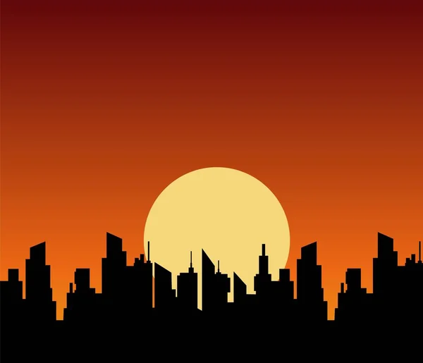 Coucher de soleil sur les gratte-ciel. Silhouettes paysage urbain panoramique noir sur orange foncé. — Image vectorielle