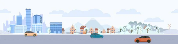 Paysage hivernal urbain avec autoroute. Gratte-ciel bleus enneigés avec maisons privées et parc. — Image vectorielle
