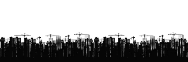 Městská krajina. Siluety černé mrakodrapy ve výstavbě s jeřáby na bílém pozadí. — Stockový vektor
