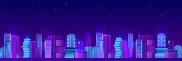 Paesaggio urbano al neon notturno. Grattacieli viola brillante con luce blu . — Vettoriale Stock