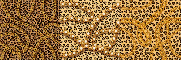 Leopard tracery with gold chains and pearls seamless pattern. Puma yellow spots with black jaguar scheme outlines. — Stock Vector