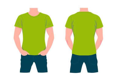Yeşil tişörtlü ve kot pantolonlu adam. Moda tarzında giyinmiş ön ve arka görünüşlü erkek karakter.