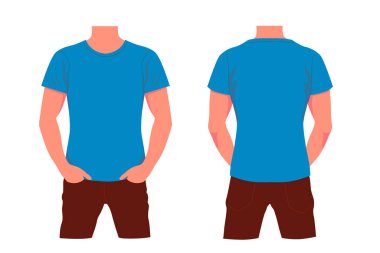 Mavi tişörtlü ve kırmızı kotlu adam. Moda tarzında giyinmiş ön ve arka plan görünümlü model karakter.