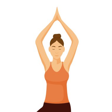 Kadın yoga yapıyor. Turuncu tişörtlü kadın karakter meditasyon yaparak rahatlatıcı bir performans sergiliyor..