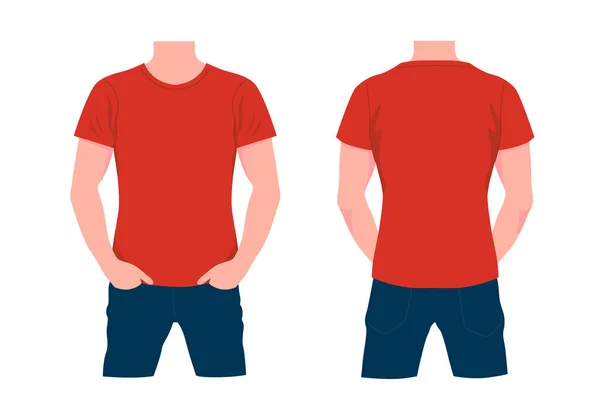 Homem de tshirt vermelha e jeans azuis. Personagem elegante com vista frontal e traseira vestida em estilo moderno moderno. —  Vetores de Stock