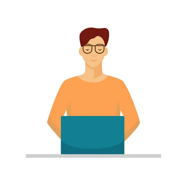 Student works at laptop. Young male character wearing glasses and orange sweater is enthusiastically typing. — Stock Vector