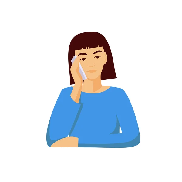 Telefonlu kadın avatarı. Mavi kazaklı, kısa saçlı ve arkadaşıyla iletişim kuran bir kadın portresi.. — Stok Vektör