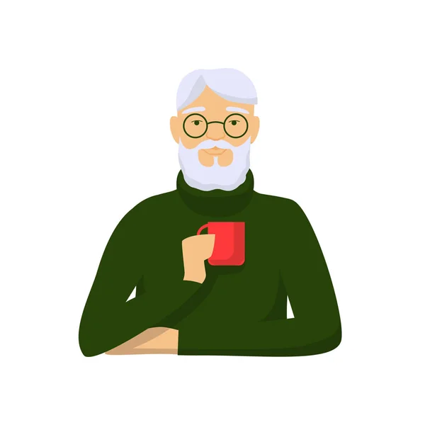 老人在喝咖啡。灰色头发，男性特征，绿色毛衣，手里拿着红杯. — 图库矢量图片