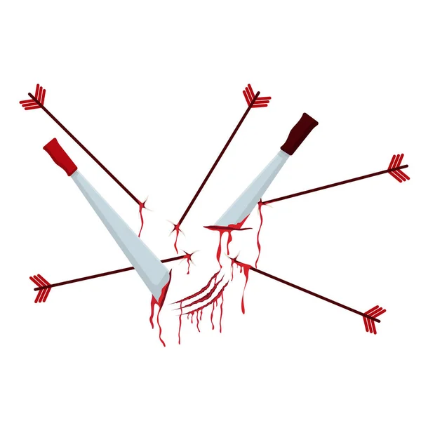 Épées et flèches collées à la surface avec clipart de sang coulant. Champ abstrait après bataille avec des empreintes sanglantes. — Image vectorielle
