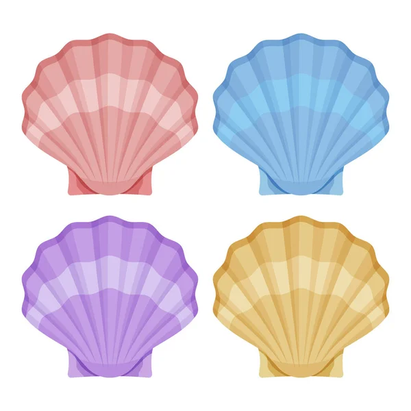 封闭的牡蛎壳红色条纹带蓝色阴影波和紫色海贝壳豪华黄色装饰. — 图库矢量图片