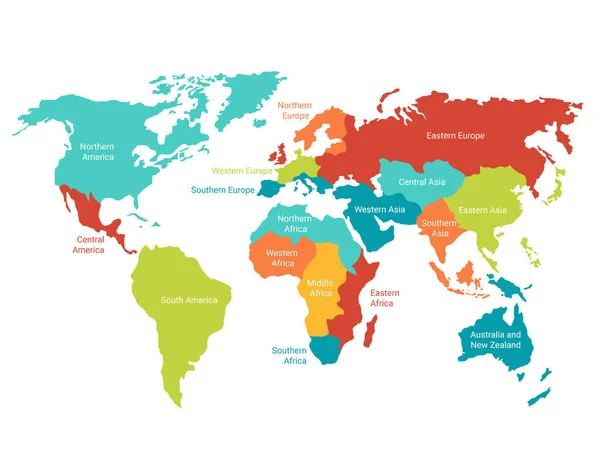 Mappa del mondo con territori evidenziati. Continenti colorati con divisioni geografiche globali. — Vettoriale Stock