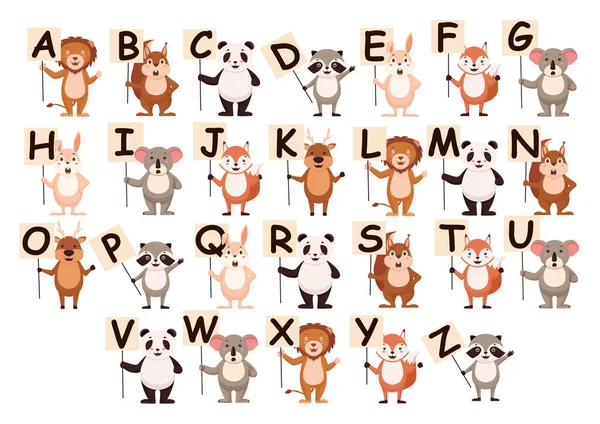 Zwierzęta z kreskówek z literami alfabetu baner. Szablon lew z plakat wita zdumiony wiewiórka z czcionki szkolenia. — Wektor stockowy