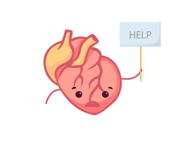 Η άρρωστη καρδιά ζητάει βοήθεια με την αφίσα. Άρρωστο κίτρινο καρδιακό όργανο με πρησμένες φλέβες με λυπημένο πρόσωπο κατεστραμμένο καρδιακό μυ. — Διανυσματικό Αρχείο