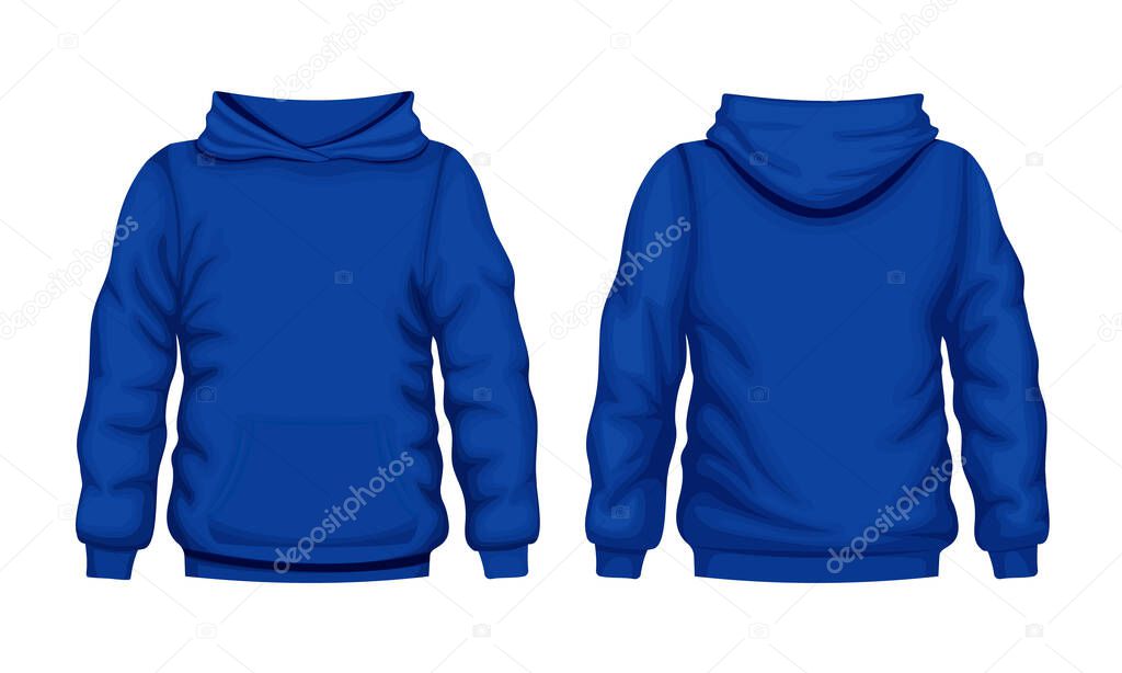 Blue hoodie front and back views. Sweater cotton hooded fashion sweatshirt for everyday wear.