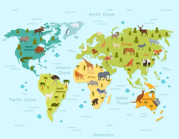 Habitattiere auf der Weltkarte. Grüne topografische Kontinente mit Ozeanen und tropischen Säugetieren im Norden. — Stockvektor