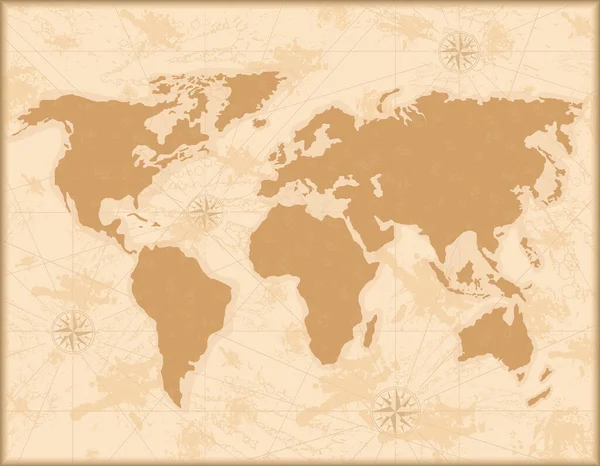 Ortaçağ dünya haritası. Boyalı kıtaları olan eski kağıt ve rüzgar gülü antika coğrafyası olan meridyenler..