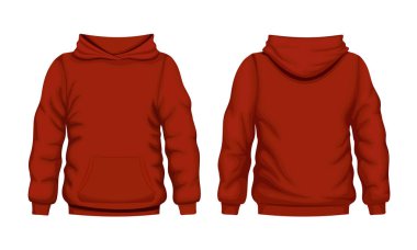 Kırmızı kapüşonlu ön ve arka manzara. Günlük giysiler ve sokak kıyafetleri için kaliteli pamuklu kapüşonlu sweatshirt..