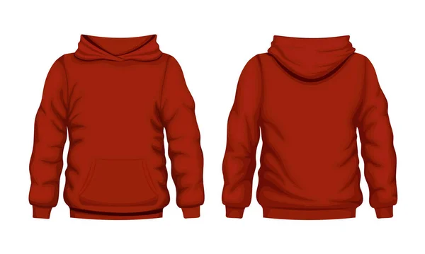 Rode hoodie voor en achter uitzicht. Kwalitatief hoogwaardige katoenen capuchon sweatshirt voor dagelijks gebruik en streetwear. — Stockvector
