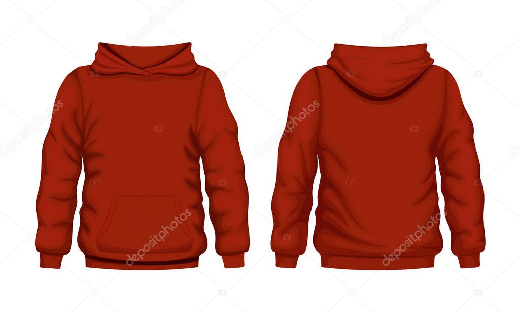 Red hoodie front and back views. Quality cotton hooded sweatshirt for everyday wear and expressing streetwear.