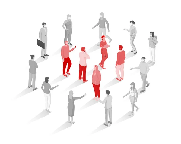 People condemn lack protective masks isometric concept. Gray characters in masks standing in circle discussing red persons in center. — Stock Vector