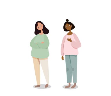 Kız anne illüstrasyonu için af diliyor. Üzgün yüzlü genç bayan karakter özür diliyor..