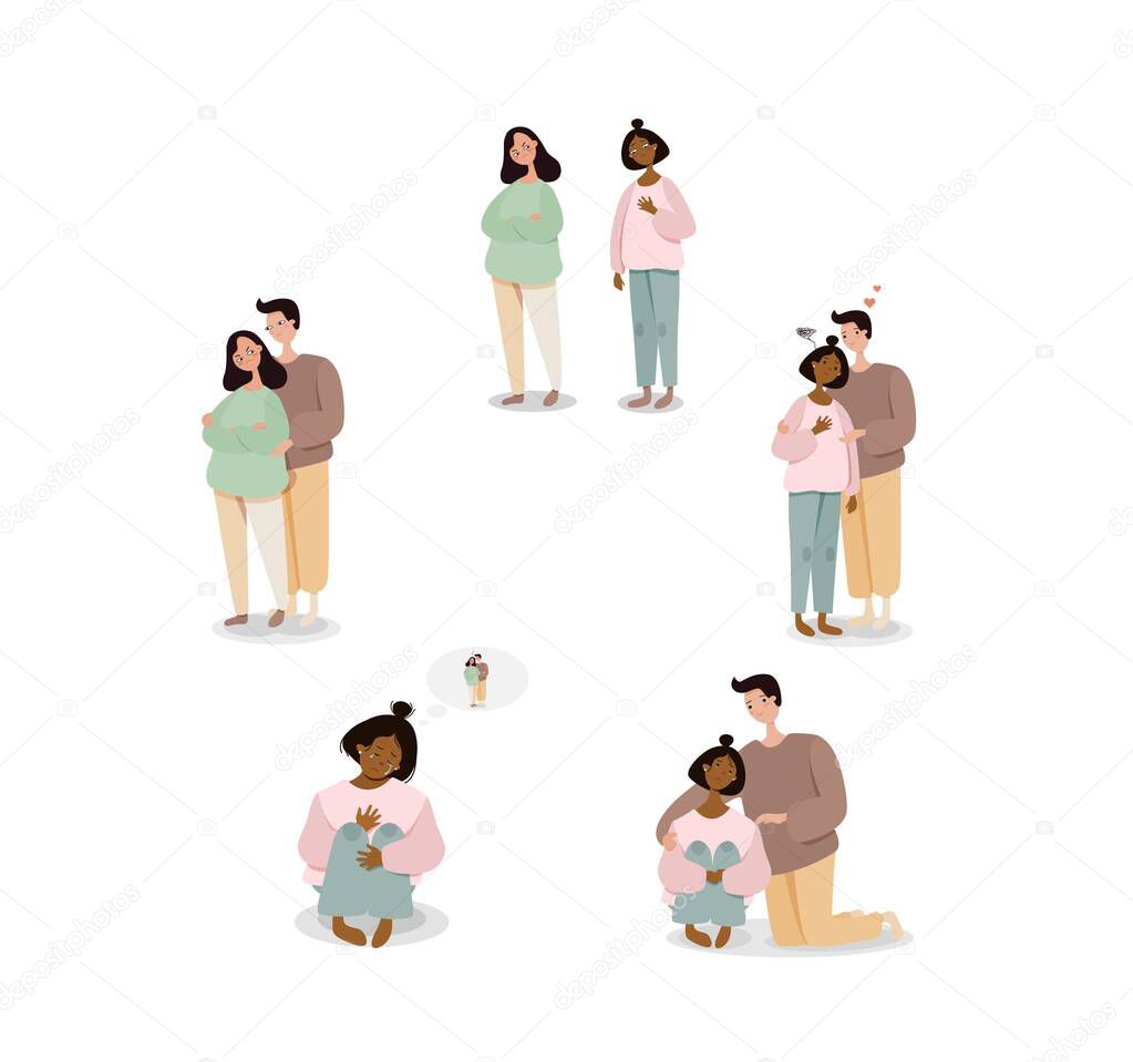 Family and related feelings illustration. Male and female characters sort out relationship confess their love mother calms her daughter.