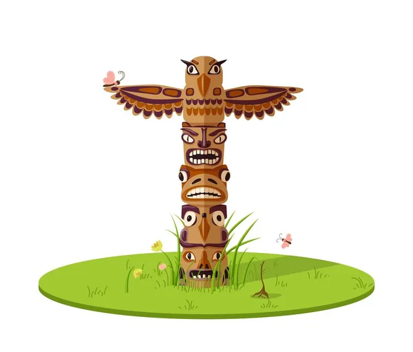 Totem fantastiska fåglar på gräsmatta illustration. Forntida indian trä staty av mytiska varelser etniskt. — Stock vektor