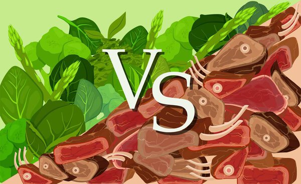 Meat versus vegetables clipart. Confrontation between vegans and meat lovers.