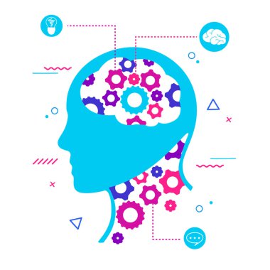 Düşünme ve fikir üretme süreci. Akıllı proje oluşturma ile dönen dişli baş yaratıcı ilham.