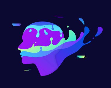 Yaratıcı soyut sıçrama çizimi. Mor dalgalı fikirler ve mavi fütüristik sıçramalarla insan kafası.