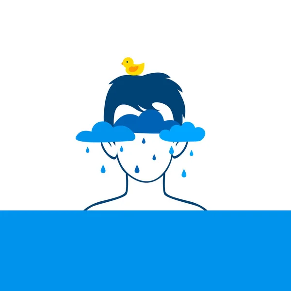 Sadness and abstract sorrow. Crying character covered with blue clouds in depressive mood. — Stock Vector