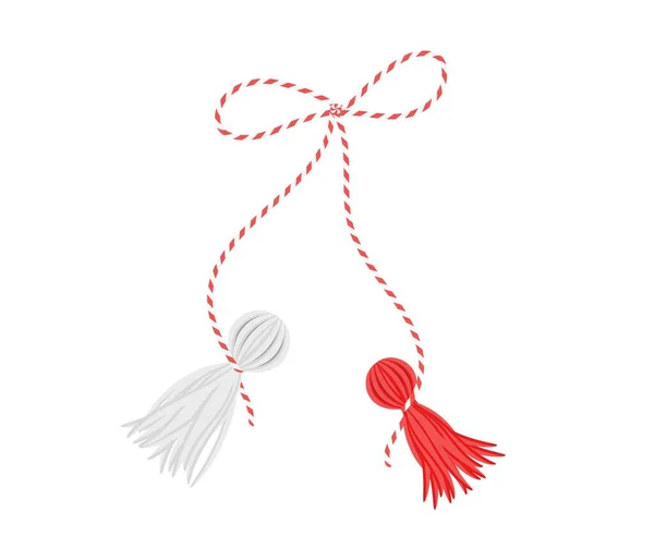 Spring talisman martisor. Traditional romanian amulet with red and white figurine tied thread. — Stockvektor