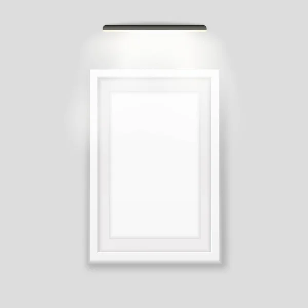Plantilla retroiluminada con marco de foto blanco. Banner realista con lámpara led negra en la parte superior — Vector de stock
