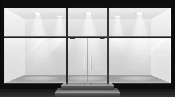 Modello di camera vuota illuminata. Vetrina negozio vuoto con pannelli di vetro e gradini — Vettoriale Stock