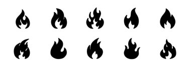 Yaratıcı projeler ve çizimler için ideal, çeşitli biçimlerde on adet siyah alev simgesi dizaynı.
