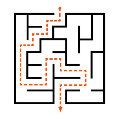 Vurgulanmış turuncu yolu olan siyah ve beyaz labirent başından sonuna kadar çözümü gösteriyor..