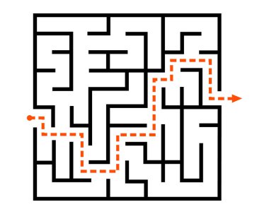 Black and white maze with an orange dotted solution path, a problem-solving concept.