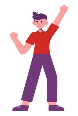 Animated character with raised arms, symbolizing happiness and enthusiasm, in a vibrant style.