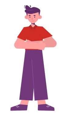 Digital illustration of a cartoon character in a red shirt and purple pants, showing a thoughtful expression.